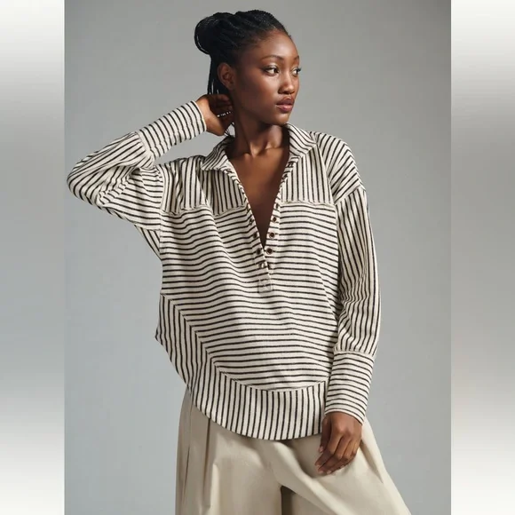 Pilcro Spliced Henley Top, ivory/black stripe, size medium - Picture 1 of 6